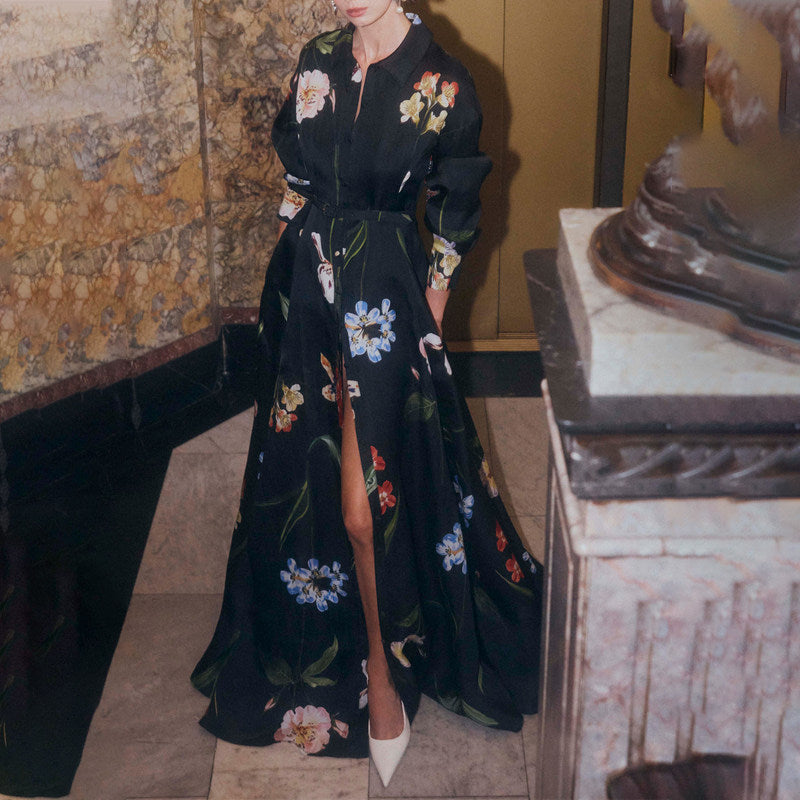 Black Floral Print Shirt Maxi Dress with Slit