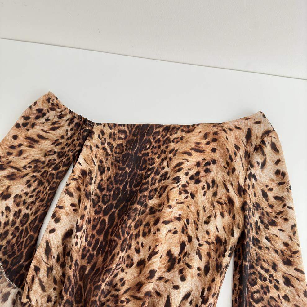Long Sleeves Print Mini Dress in Brown