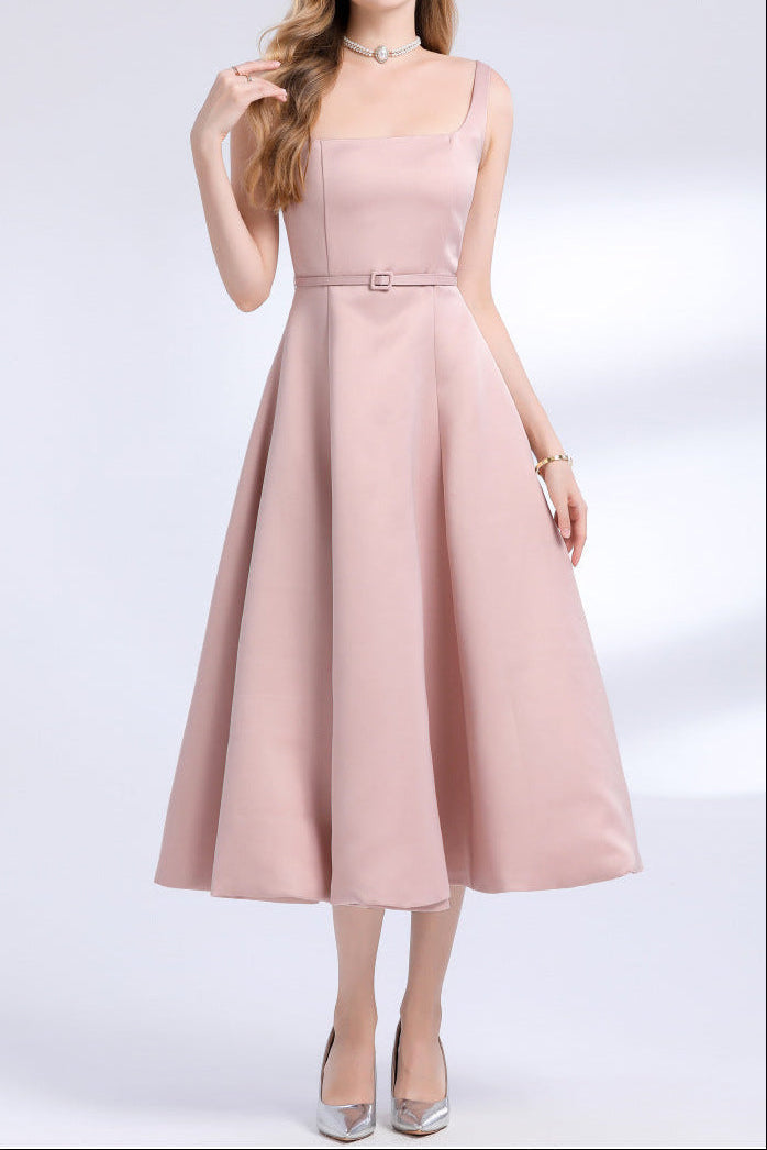 Square Neck Satin Slip Midi Dress - Pink