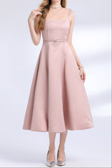 Square Neck Satin Slip Midi Dress - Pink
