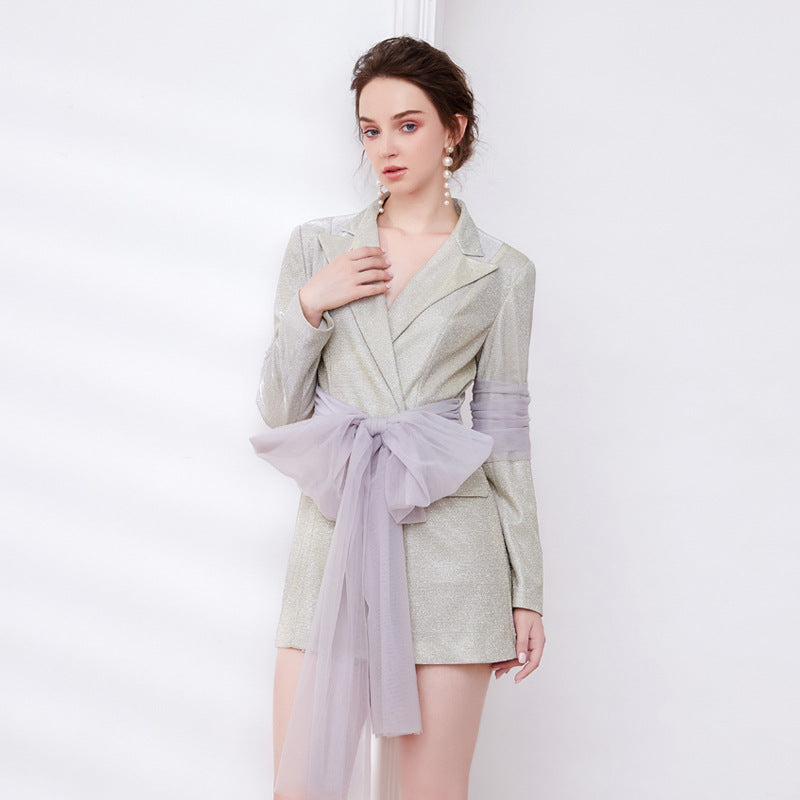 Mesh Ribbon Blazer Dress in Champagne
