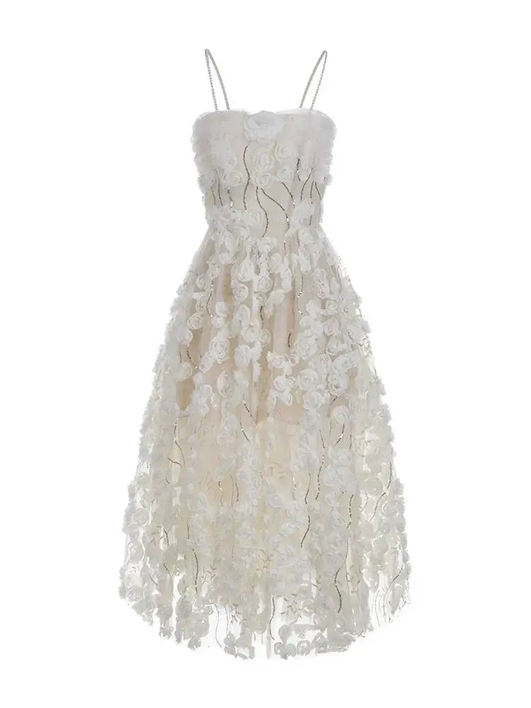Leah White/Beige Sleeveless Flower Dress