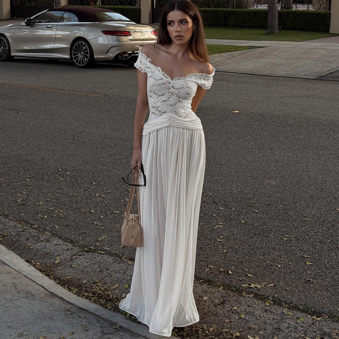 Winter Style Sheer V-Neck Lace-Trimmed Maxi Dress