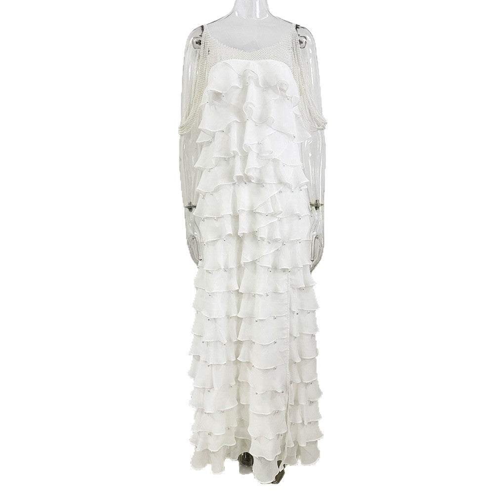 White Nail Bead Layered Leaf Maxi Dress
