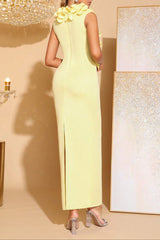 3D Flower V-Neck Sleeveless Bodycon Maxi Dress in Yellow