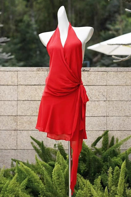 Halter Backless V-Neck Sleeveless Lace-Up Mini Dress in Red