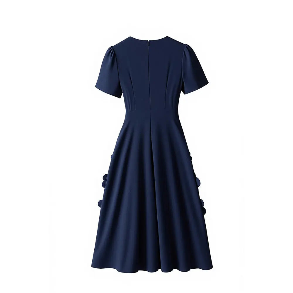 3D Flower Midi Dress in Navy Blue