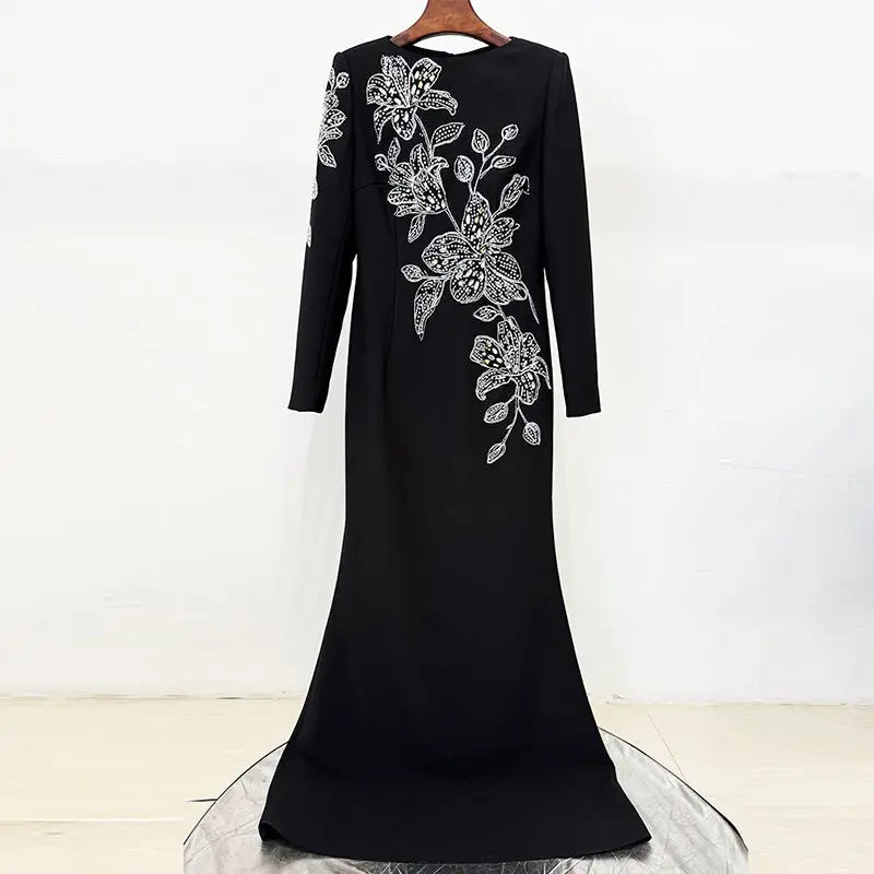 Rhinestone Orchid Floral-Embellished Maxi Dress in black