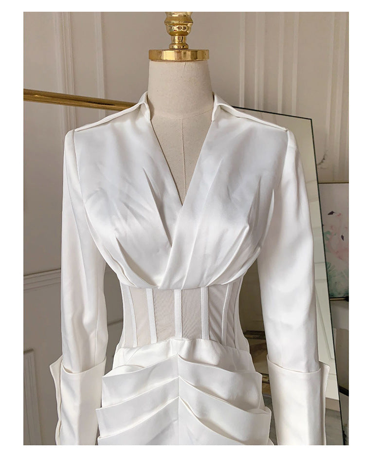 Deep V See-Through Fishbone Hip Blazer Mini Dress in White
