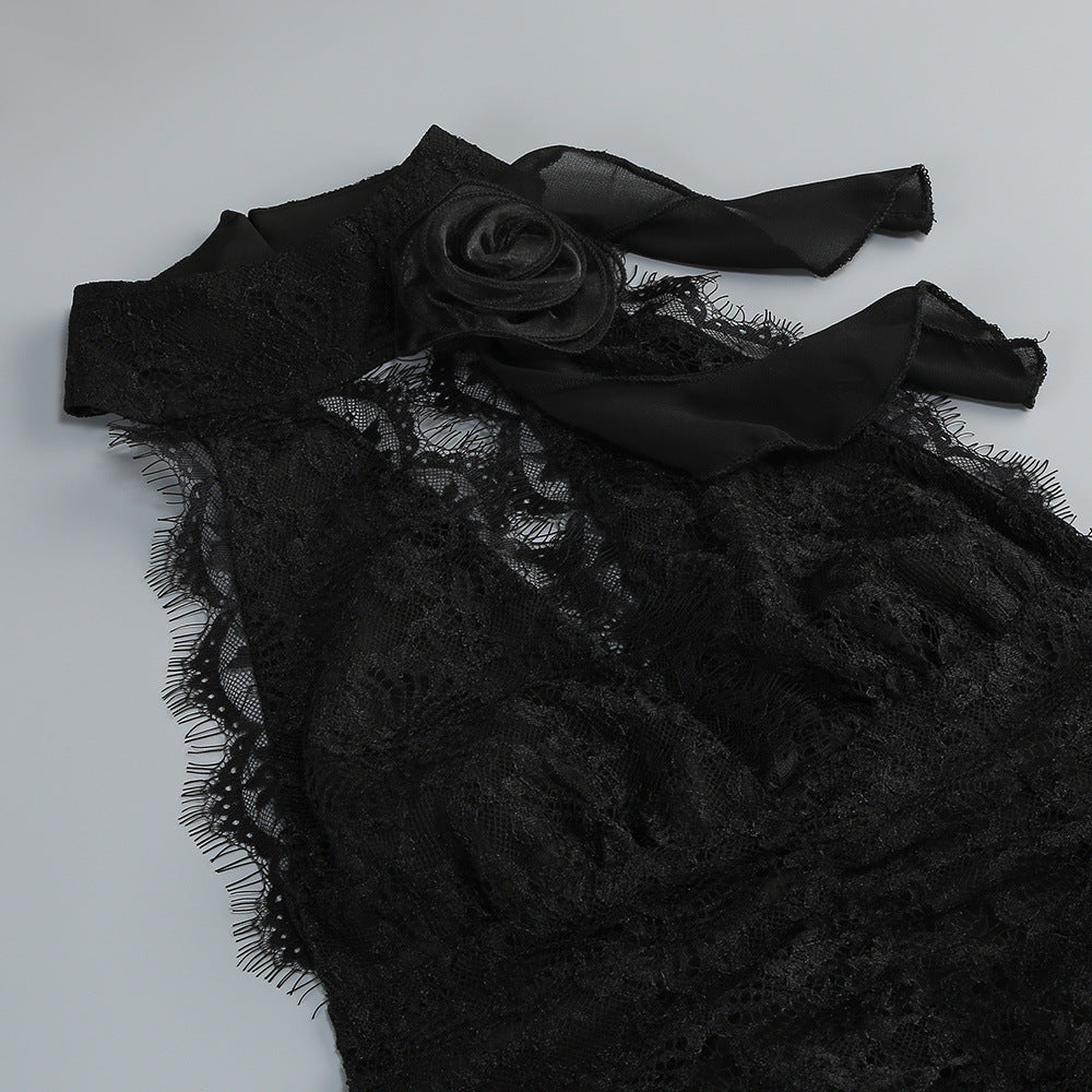 Cotton Lace Hollow Maxi Dress in Black