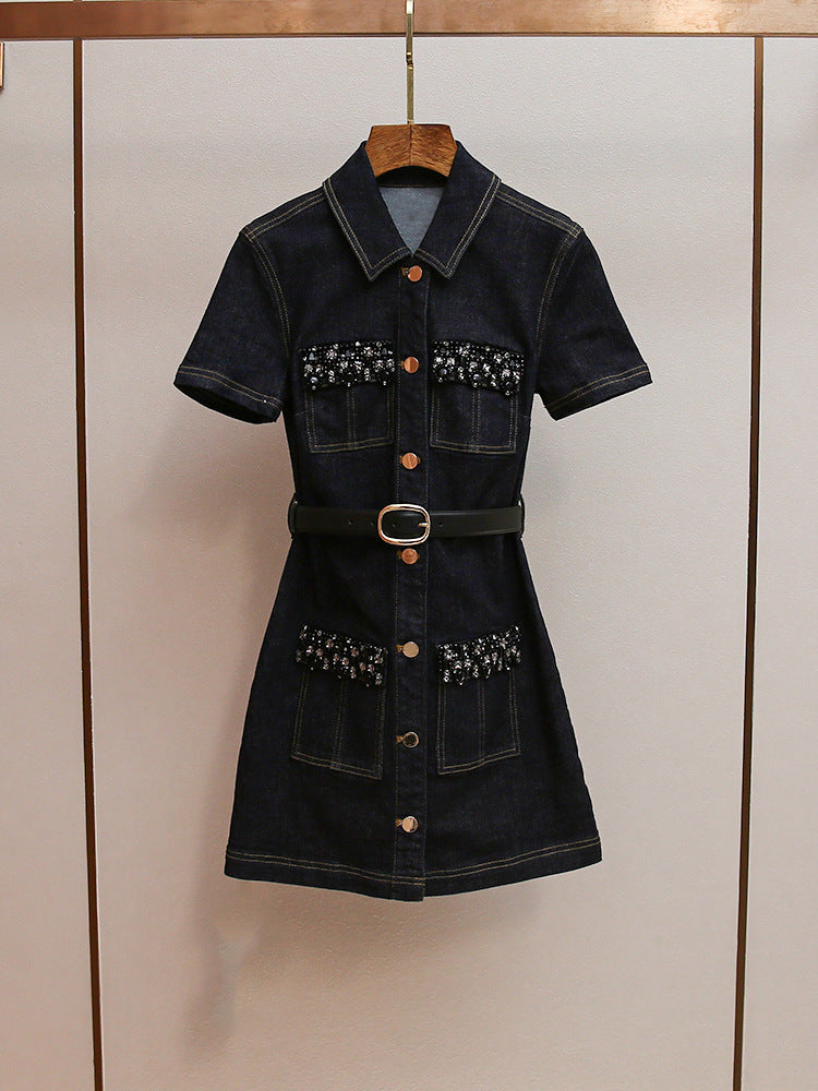 Denim Crystal Trim Mini Dress in Black
