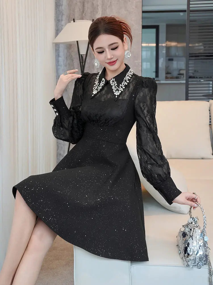 Black Rhinestone Collar Neck Lace Hollow Sleeve Mini Dress