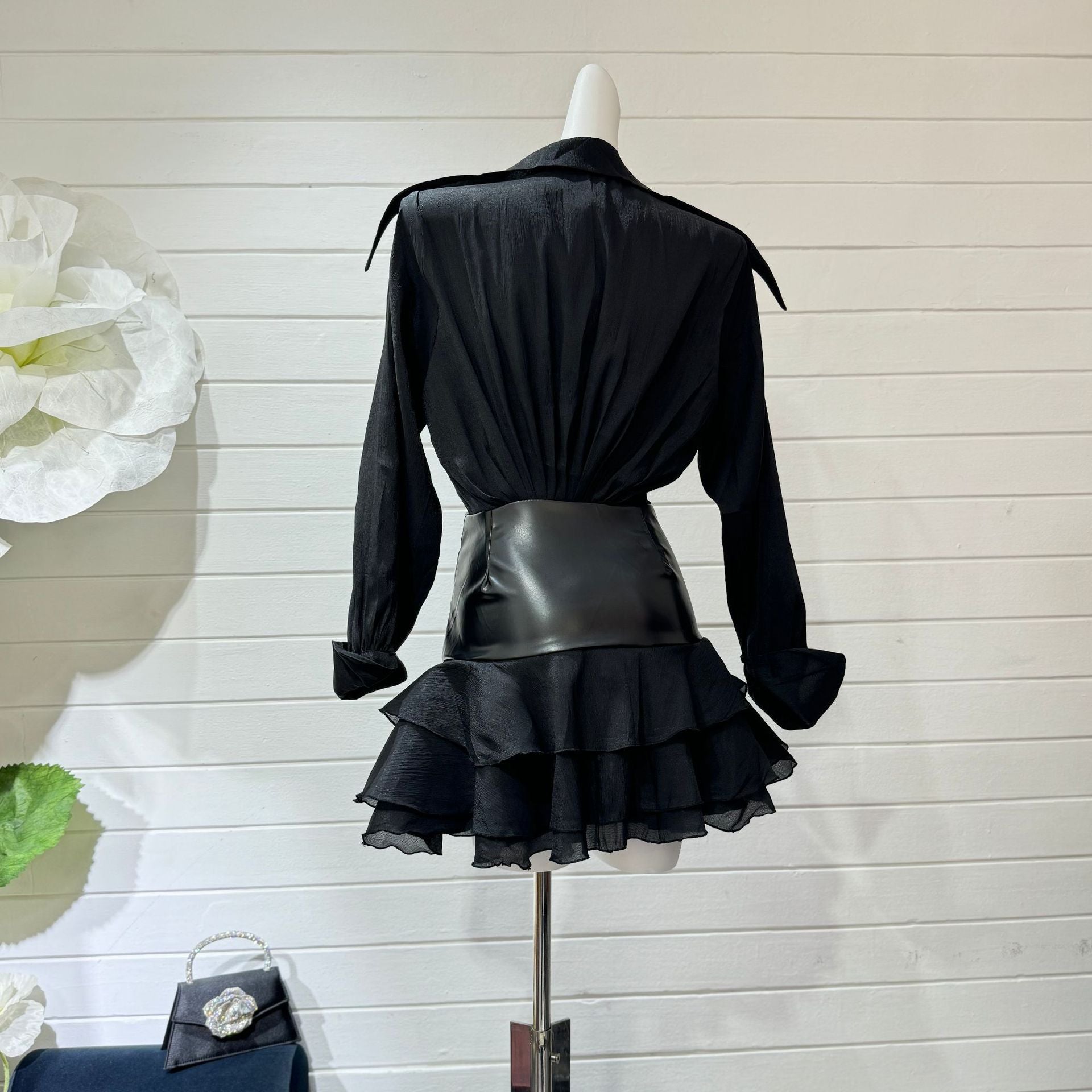 Collar Ruched Ruffle Mini Dress in Black