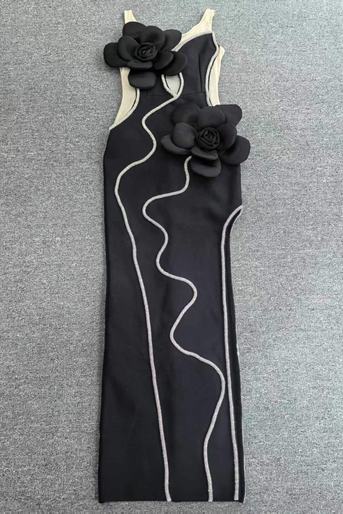 Diamond 3D Flower Sequin Bandage Maxi Dress in Black