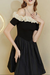 Off-Shoulder Ruffle Trim Mini Dress in Black