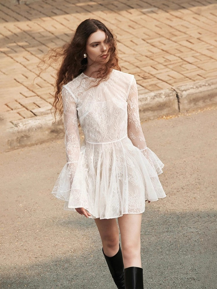 Lace Backless Mini Dress in White