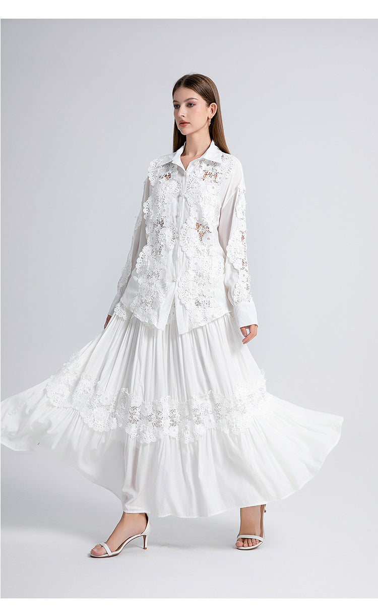 Splicing Flapped Lace Hollow Midi Dress in White