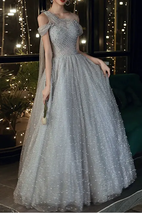 Blue One-Shoulder Maxi Evening Dress