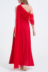 One-Shoulder Detachable Collar Maxi Dress in Red