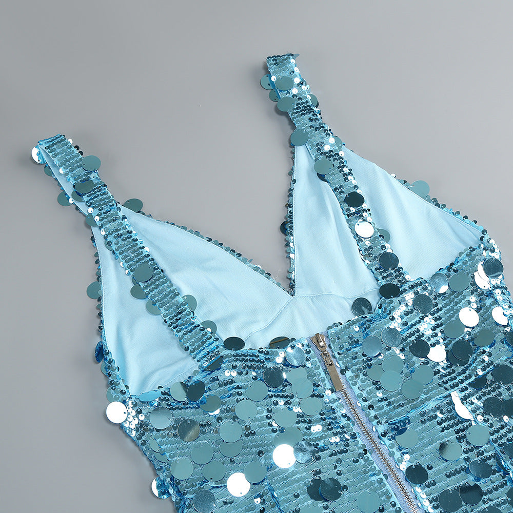 Sequin Deep V Maxi Dress in Blue