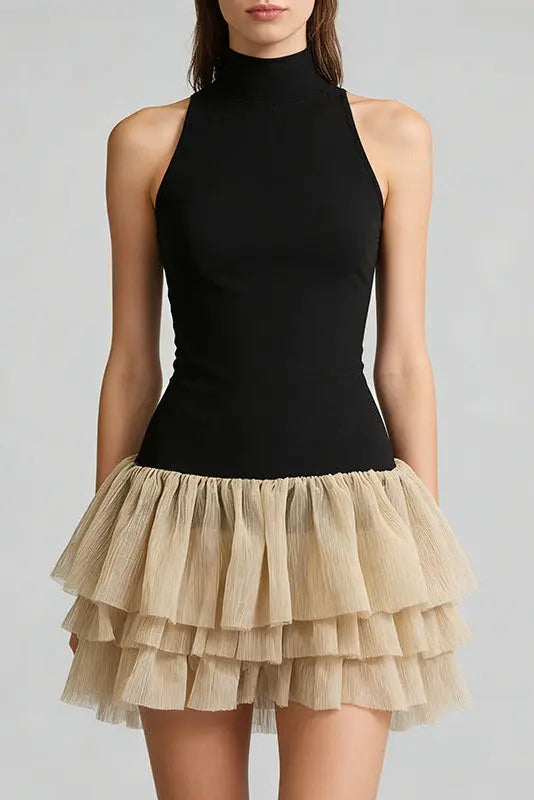 Black Ruched Trim Sleeveless Puffy Mini Dress