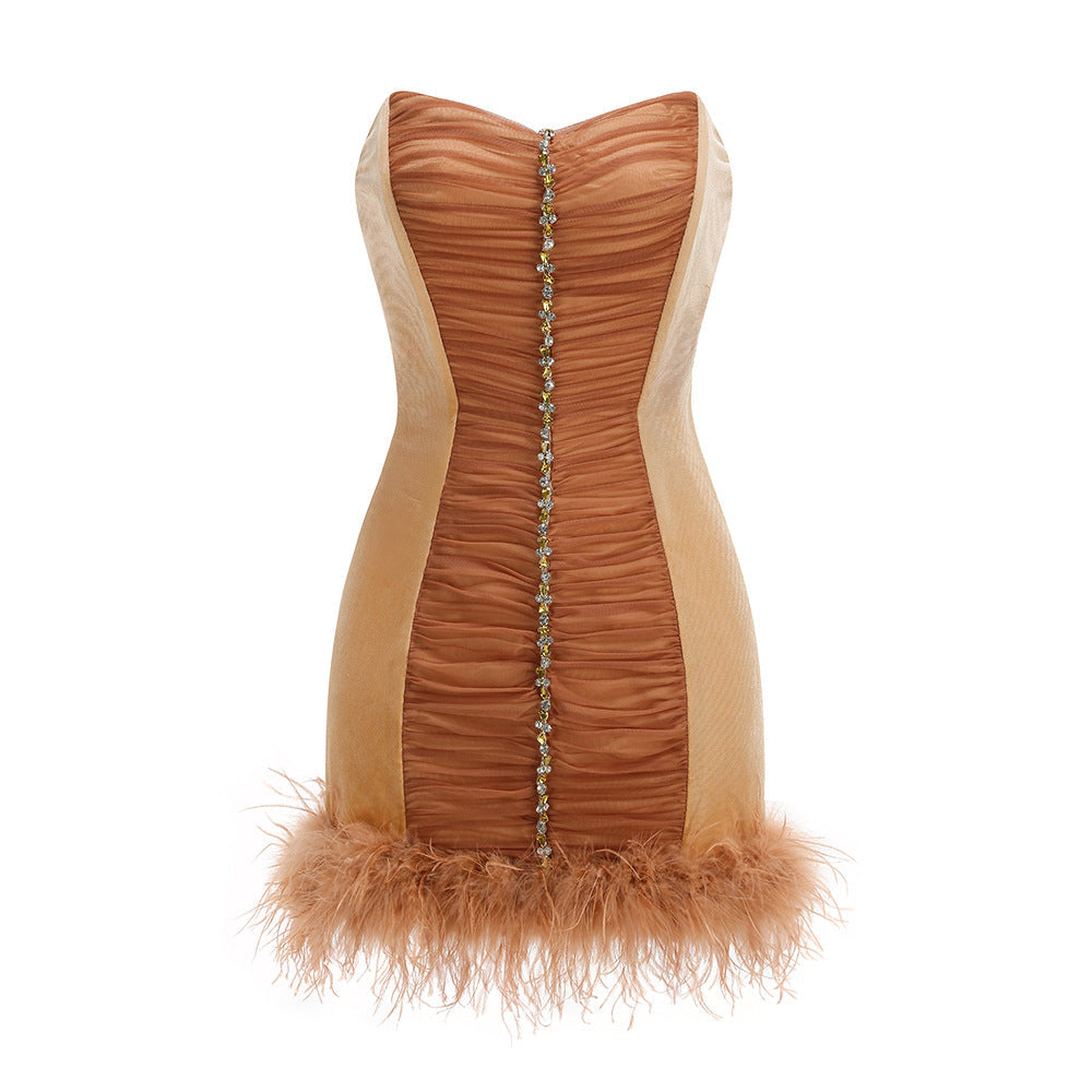 Rhinestone Embellished Feather Mini Dress in Brown