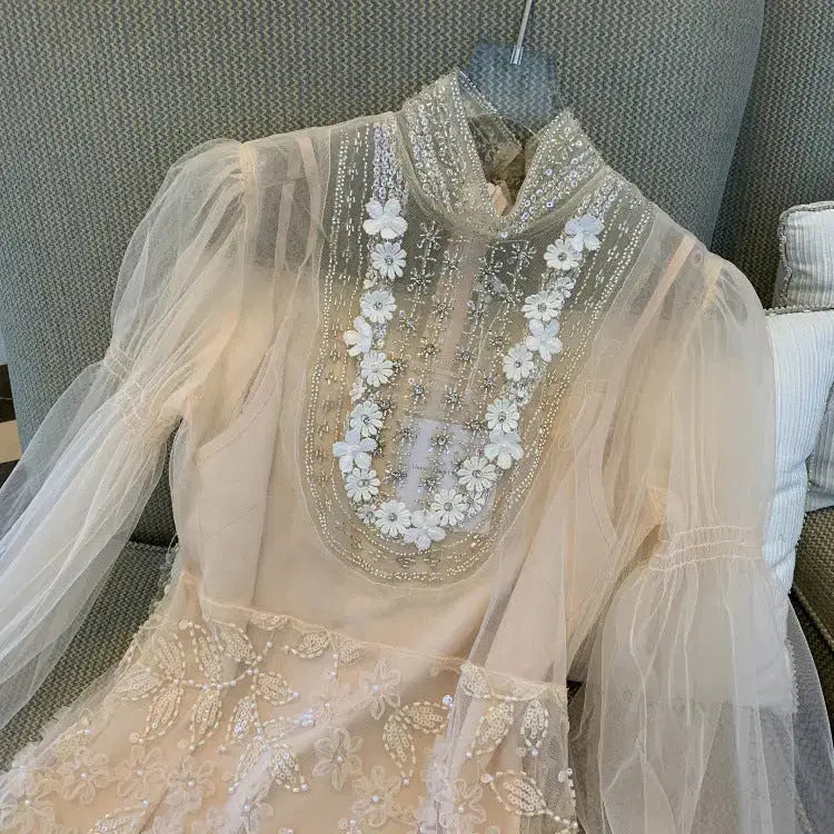 Floral Bead Embroidery Mini Dress in Apricot