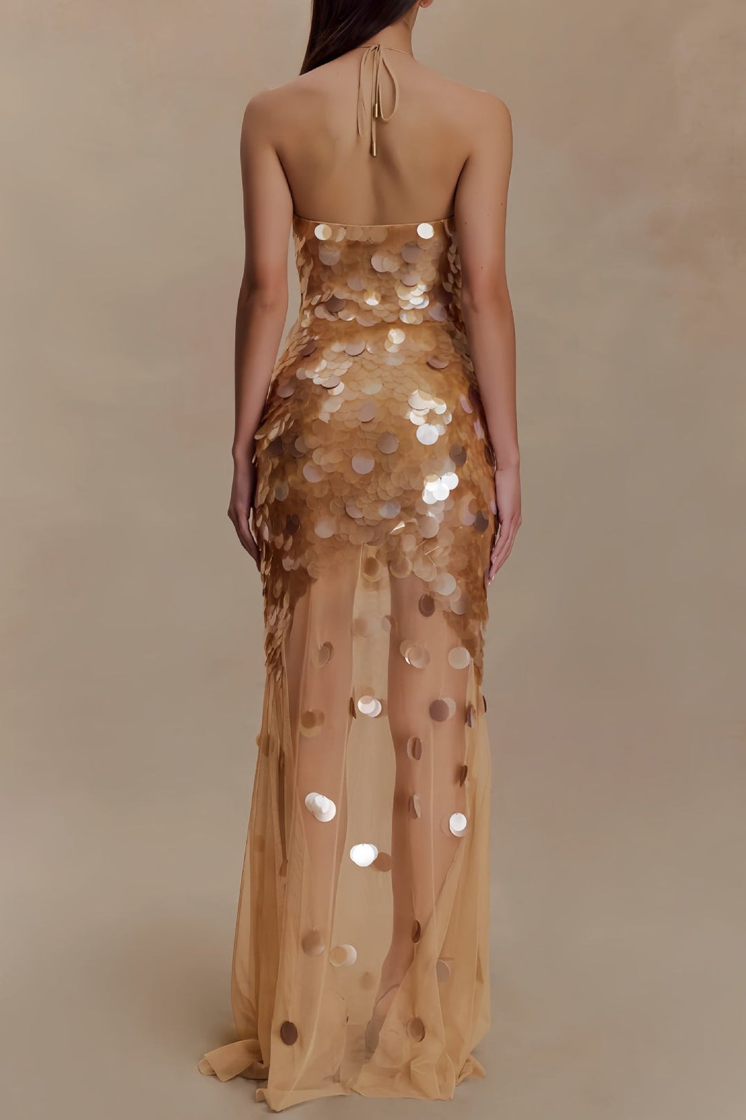 Sequin Embellished Backless Maxi Dress - Gold