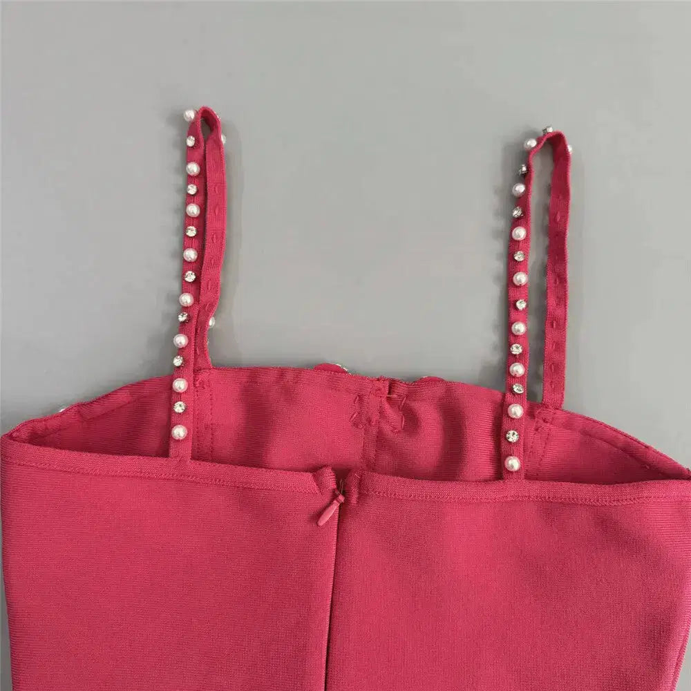 Bowknot Crystal Grid Bandage Mini Dress in Rose Red