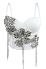 Strap 3D Rhinestone Flower Fringe Corset Bustier Top
