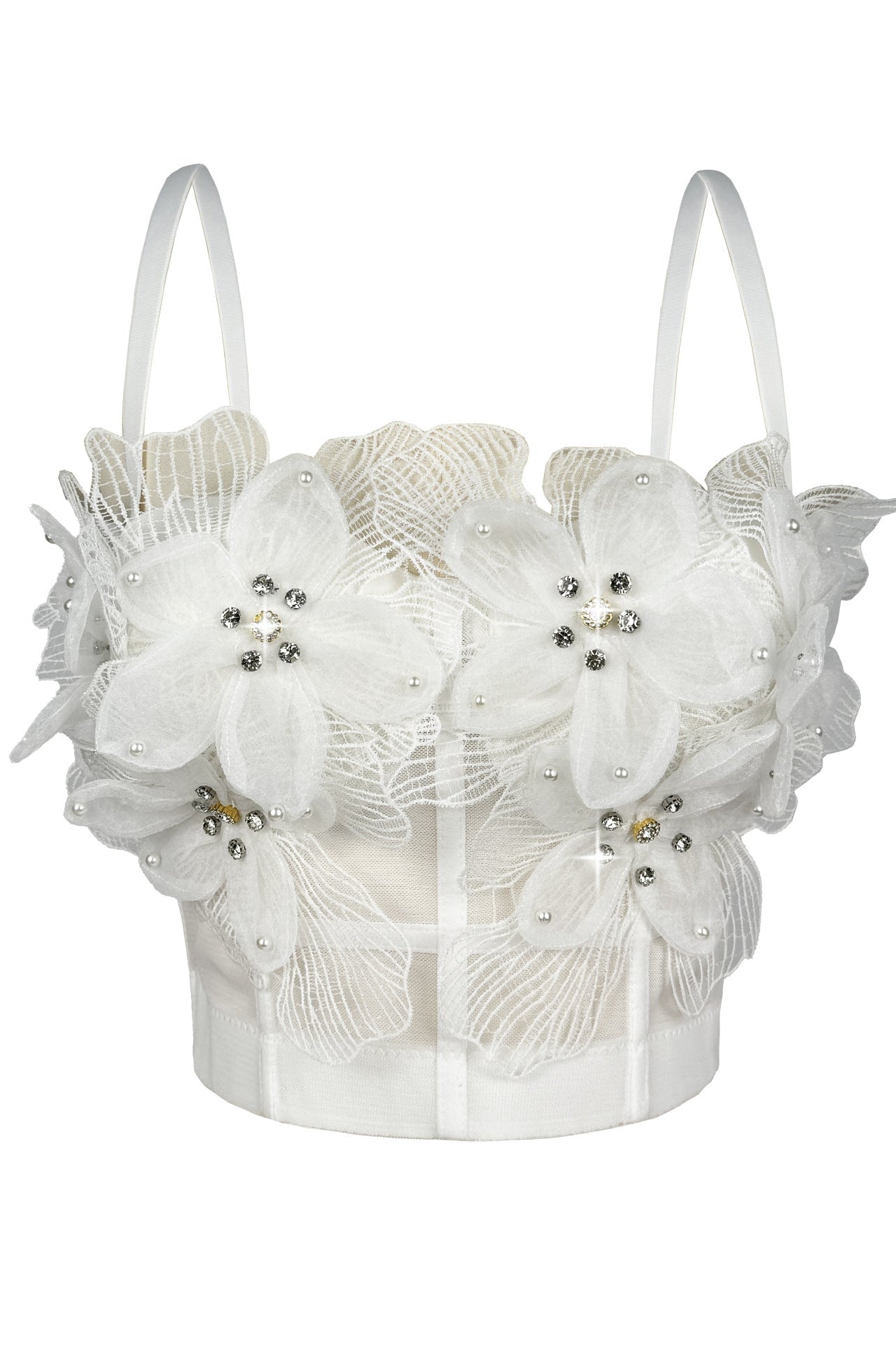 Strap Sheer Mesh 3D Flower Rhinestone Corset Bustier Top