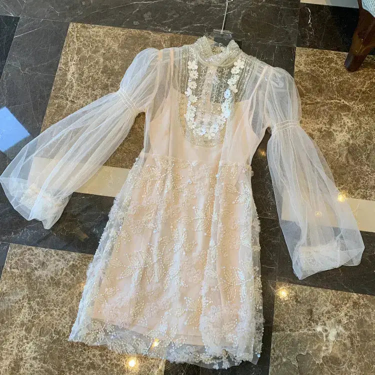 Floral Bead Embroidery Mini Dress in Apricot