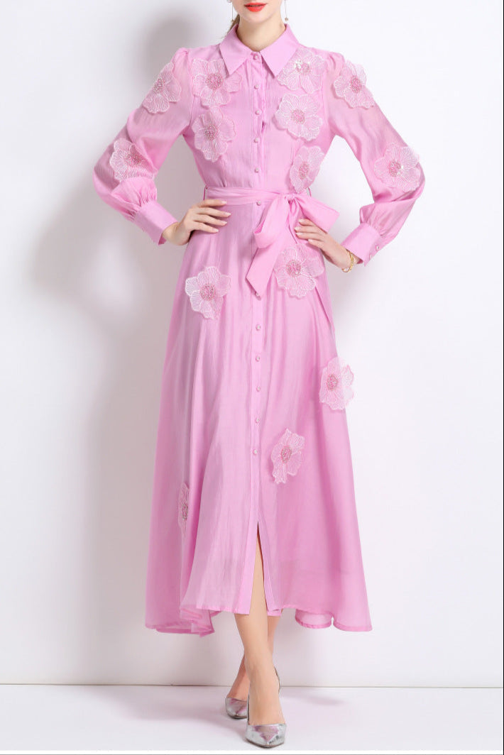 Embroidered Midi Dress in Pink