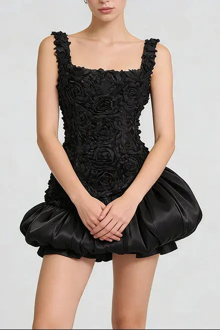 Flower Embellished Puffy Mini Dress in White