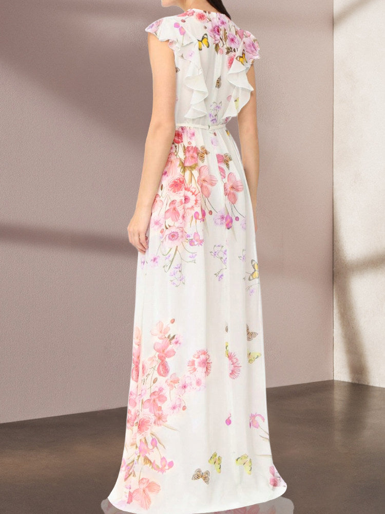 White Floral FlSleeves Maxi Dress