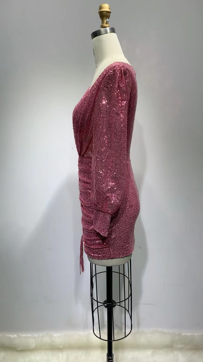 Ruched Cut Out Sequin Mini Dress in Pink