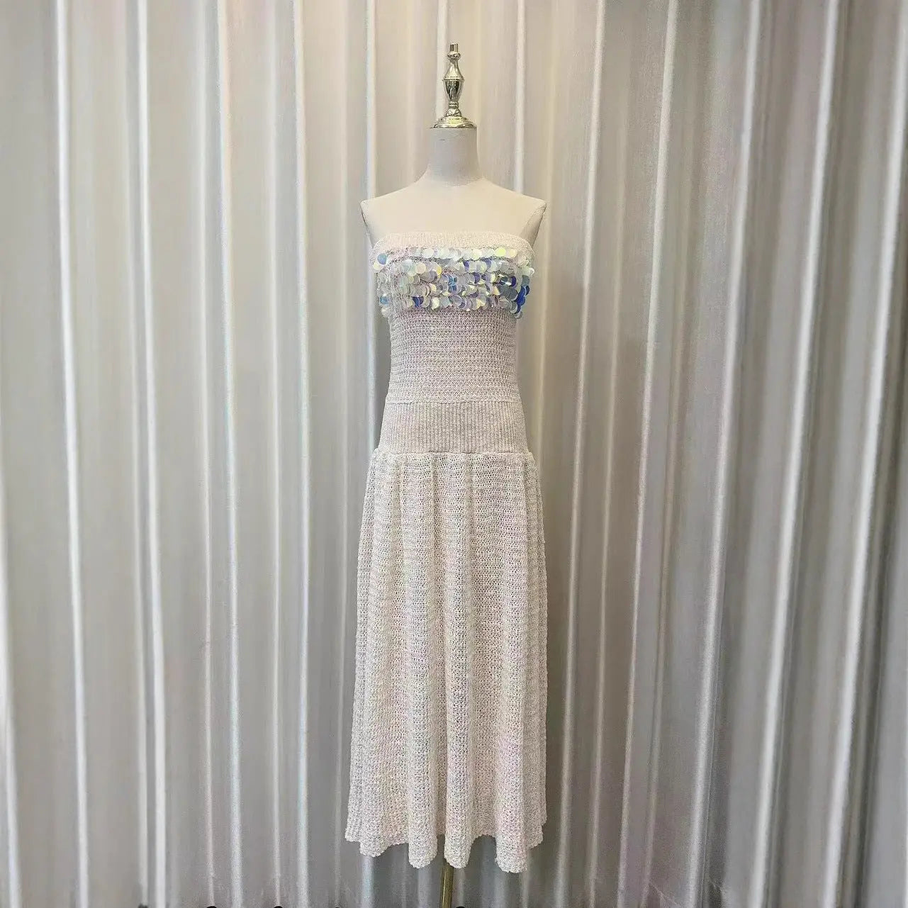 Beige Off-Shoulder Sleeveless Sequin Jersey Maxi Dress