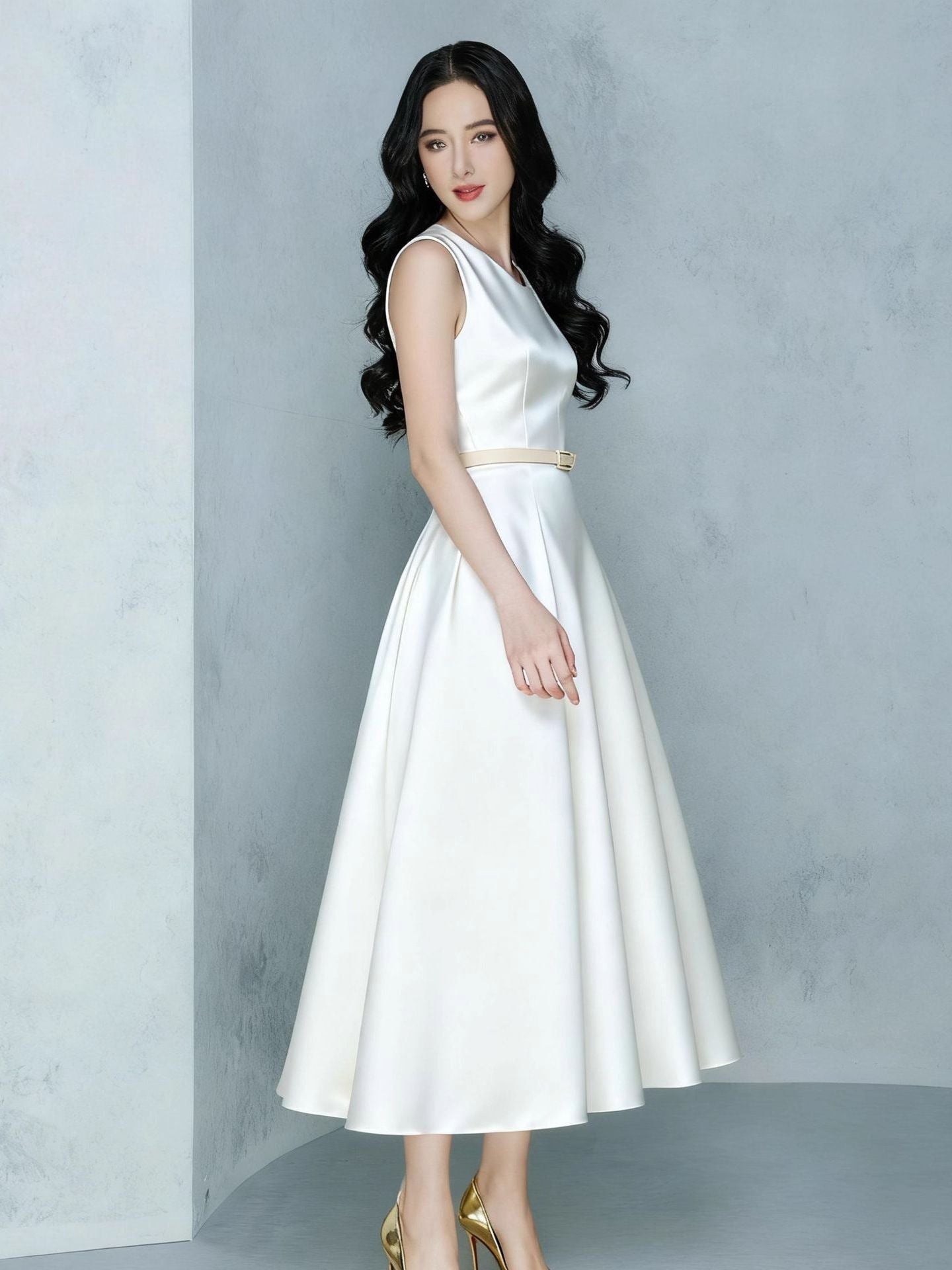 A-line Midi Dress with Belt