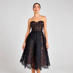 Black Sexy Embroidered Lace Midi Dress