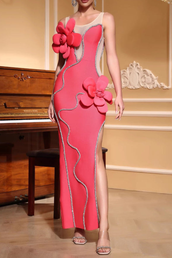 Diamond 3D Flower Sequin Bandage Maxi Dress in Rose Red