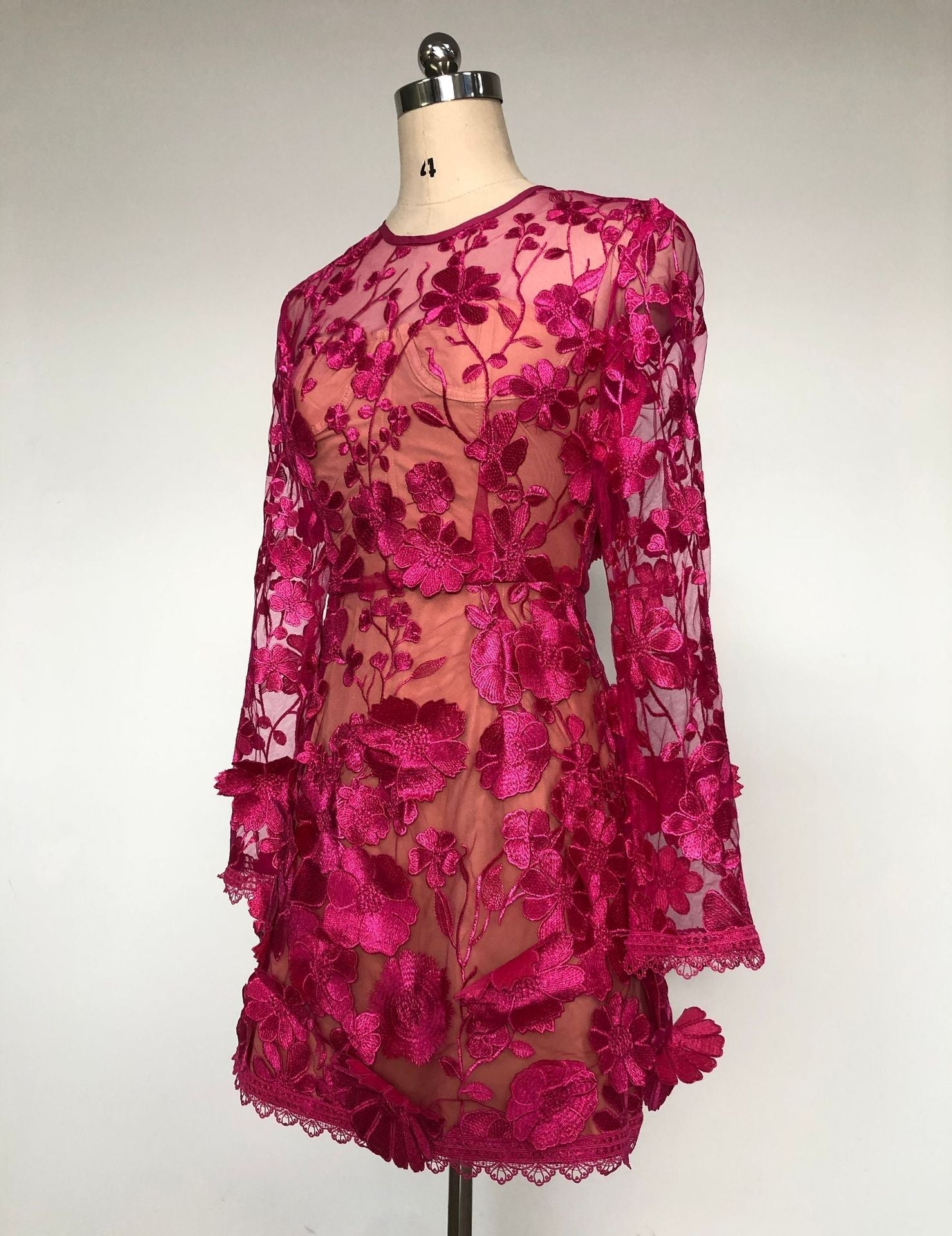 Rose Red Floral Lace Long Sleeve Mini Dress