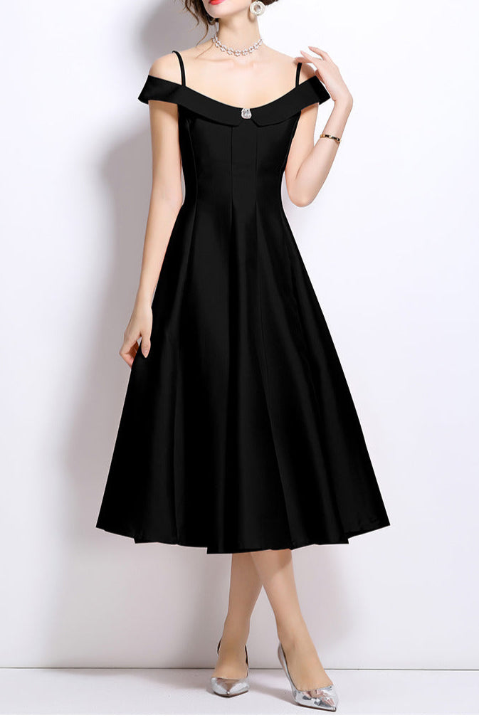 Off-Shoulder Satin Midi Dress in Black