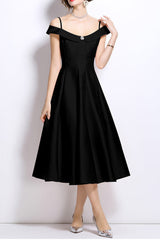 Off-Shoulder Satin Midi Dress in Black
