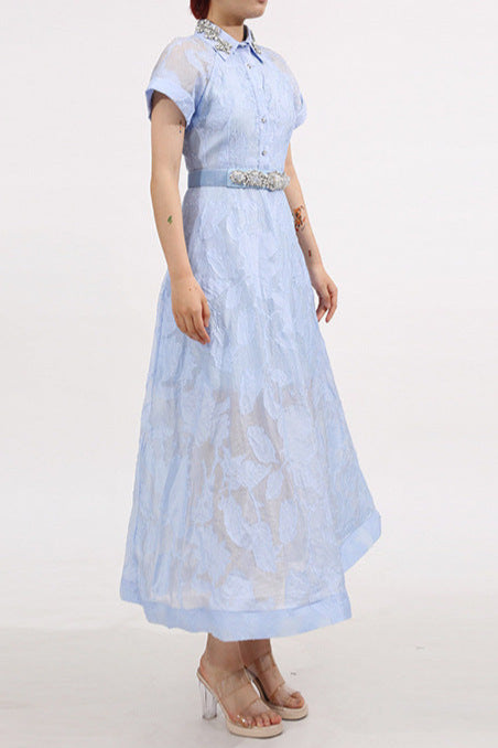 Crystal Embellished Midi Dress in Blue