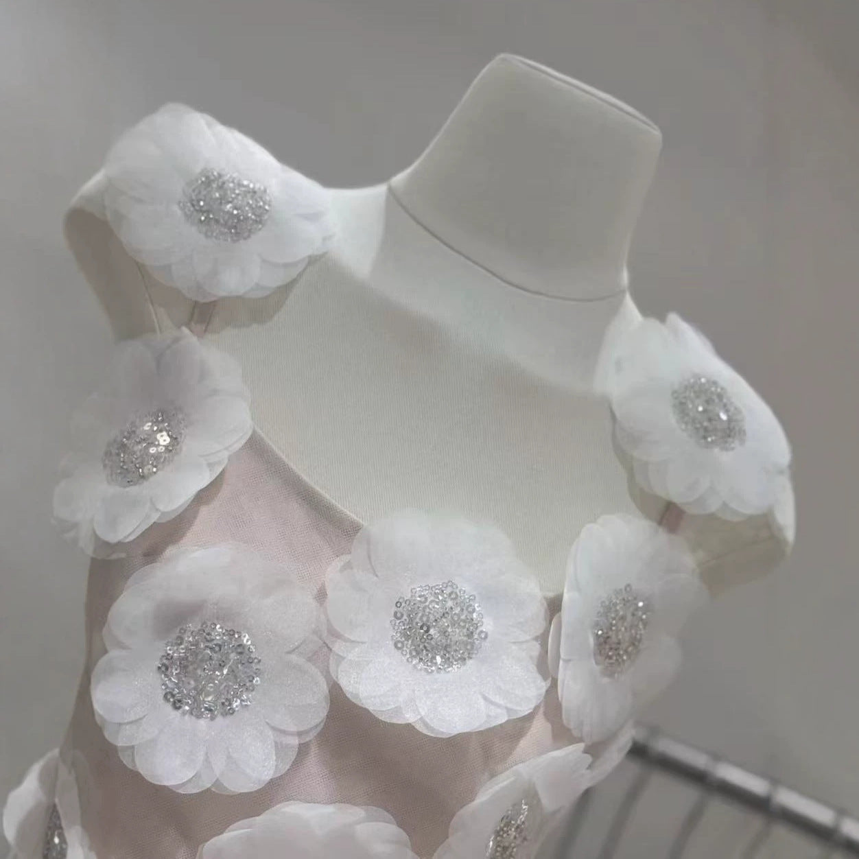 Rhinestone 3D Flowers Mini Dress - White