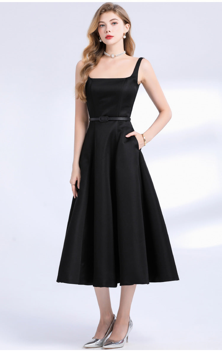 Square Neck Satin Slip Midi Dress - Black