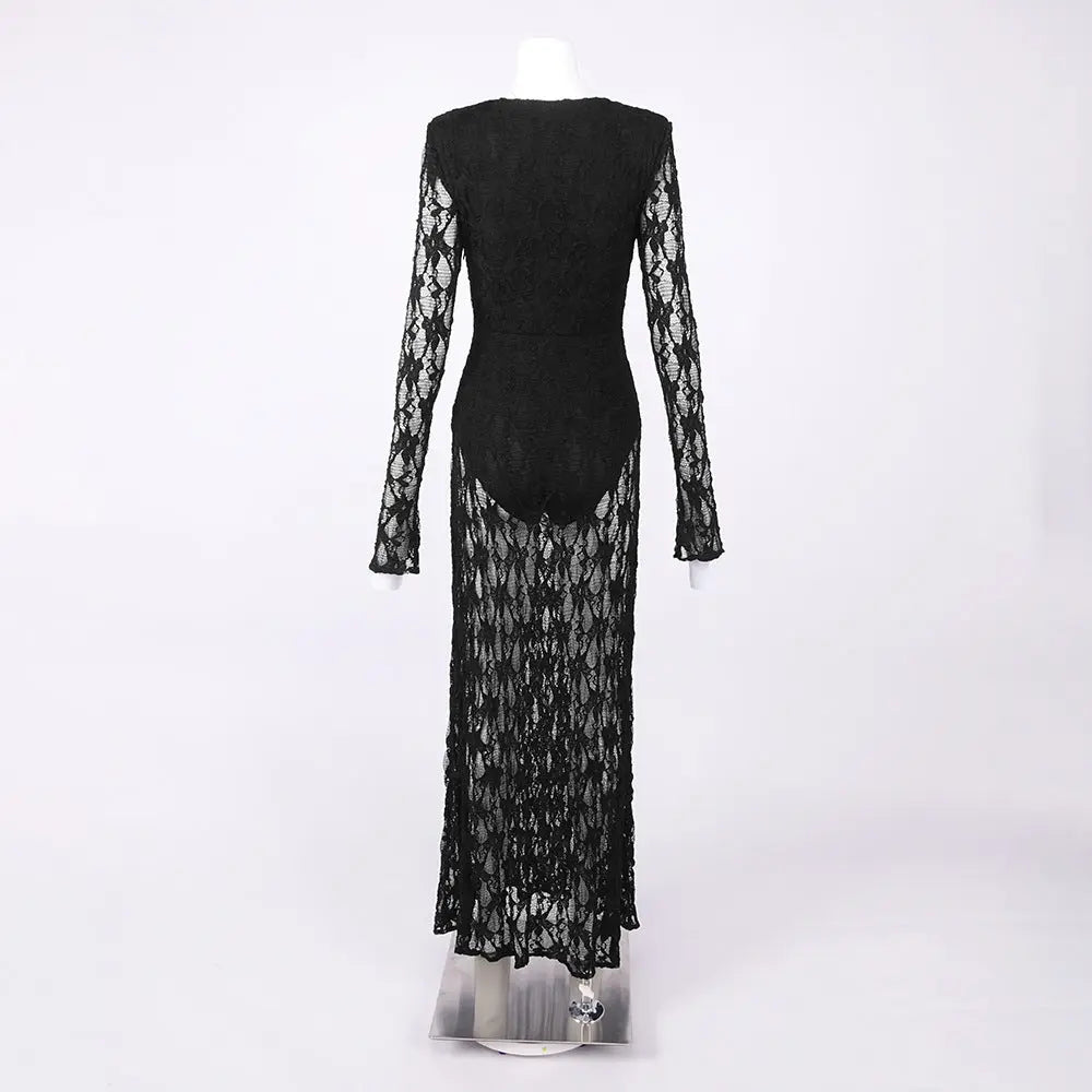 V Neck Hollow Long Sleeve Lace Maxi Dress in Black