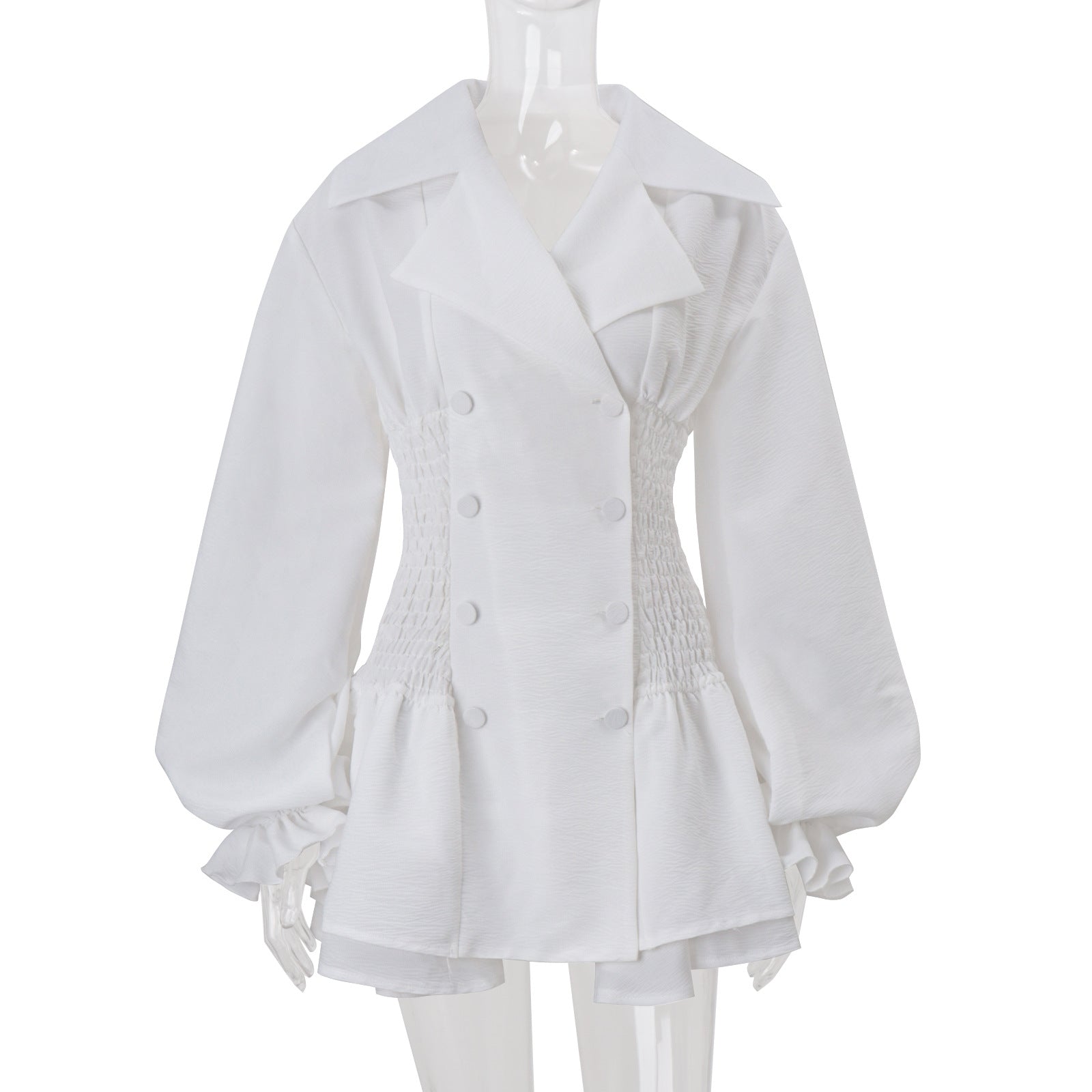 Aenobia Large Button Puff Sleeve Mini Dress in White