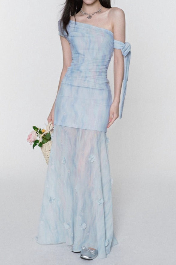 One-Shoulder Slim Maxi Dress in Blue