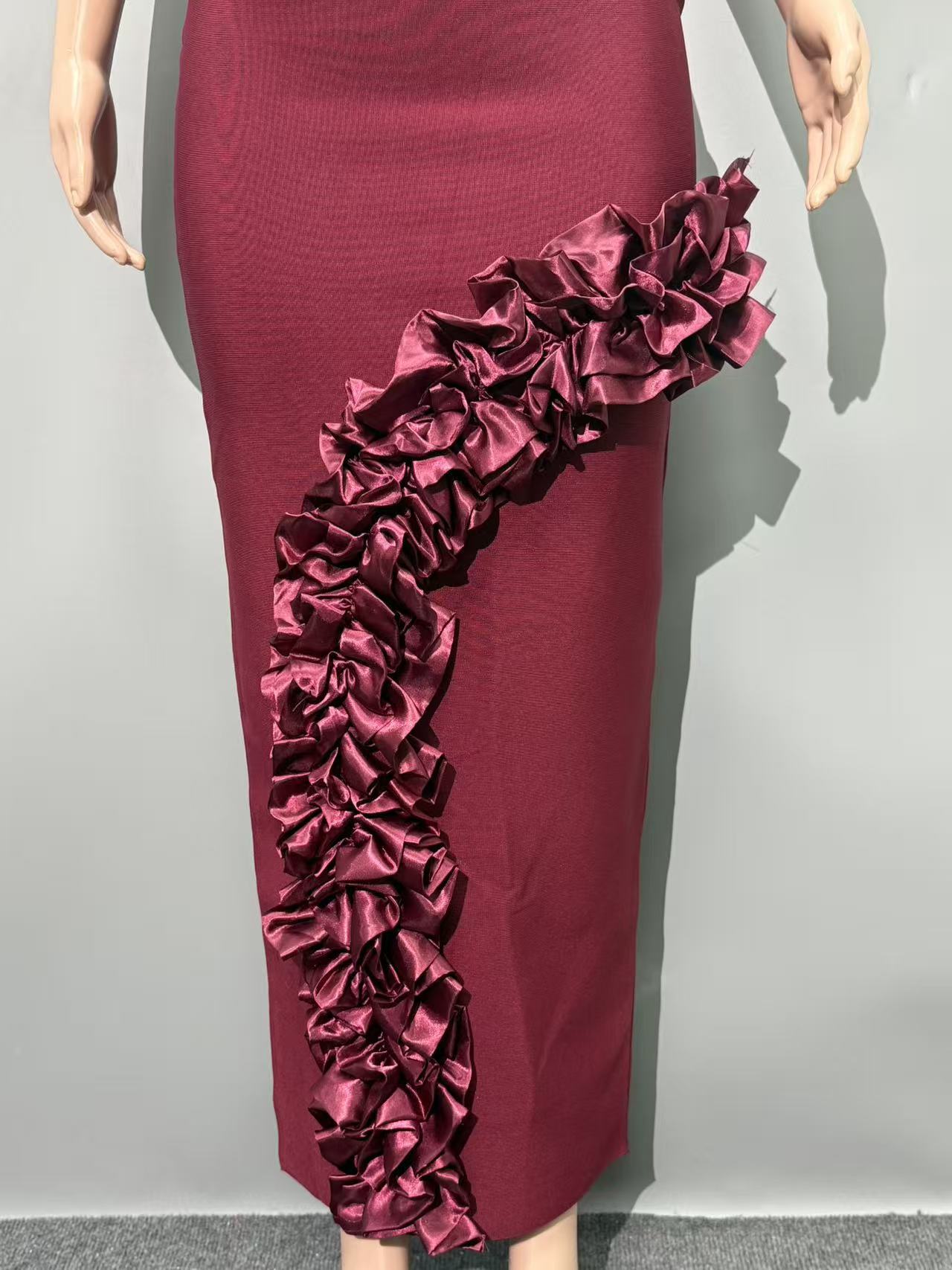Ruffled-Bodycon Gown Claret